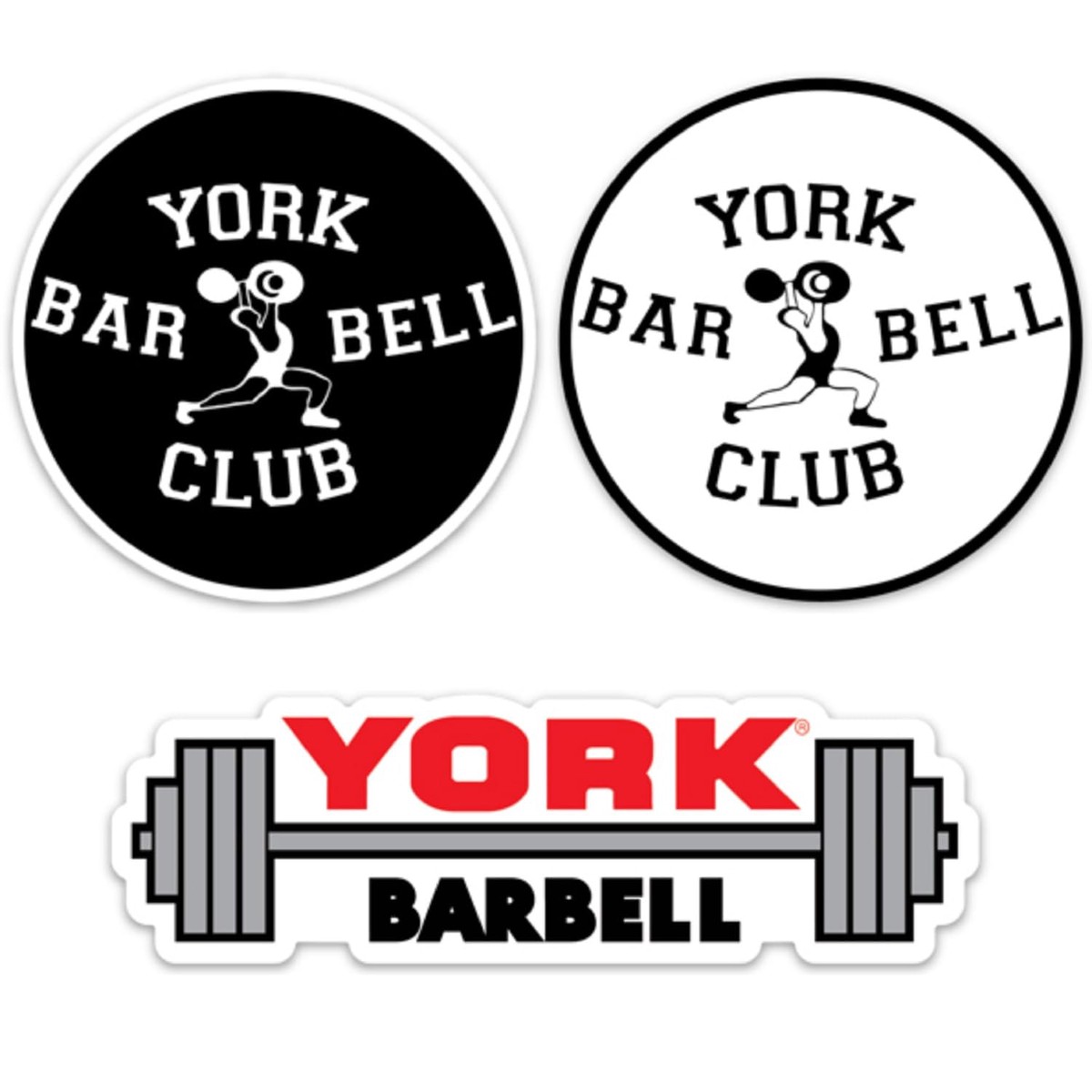 York Barbell Sticker Pack Set with Club Black, Club White and Logo Designs, Premium Vinyl Fitness Stickers for Water Bottles, Laptops, Gym Equipment, Workout Decals